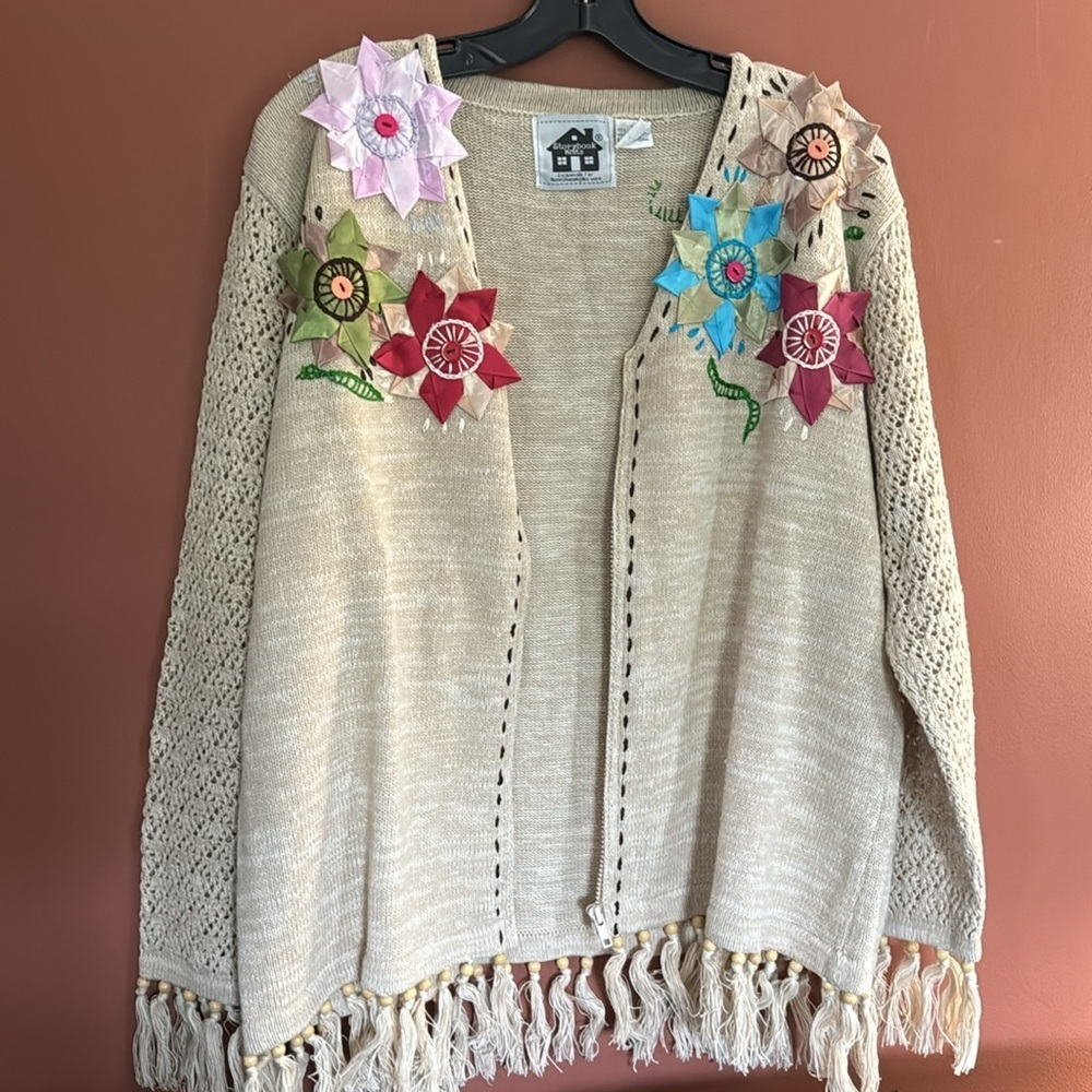 Vintage Storybook Knits Cardigan Sweater  beige Crochet Fringe Granny size L - Picture 7 of 10